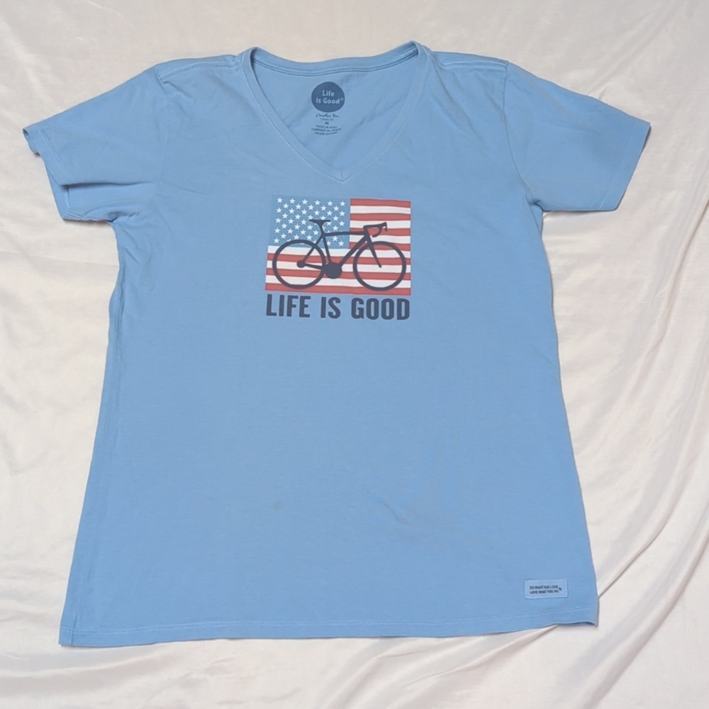 Life is Good American Flag Patriotic Bicycle V-Neck Crusher Tee